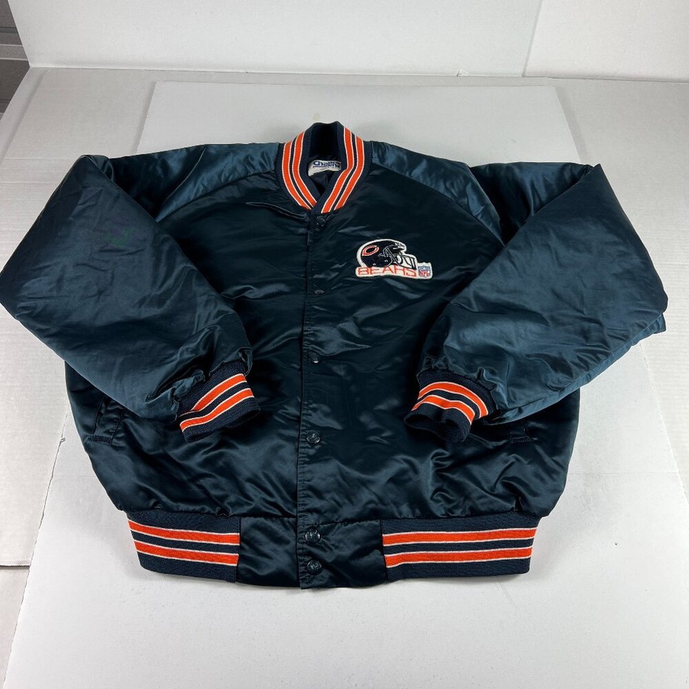 VTG 90 Chalk Line Chicago Bears Satin Jacket Extra Large Blue Snap Button Bomber